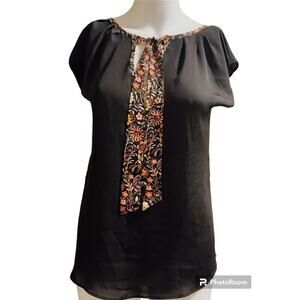 LC Lauren Conrad Women's Size XS Blouse Black Floral Tie Neck Top Short Sleeve